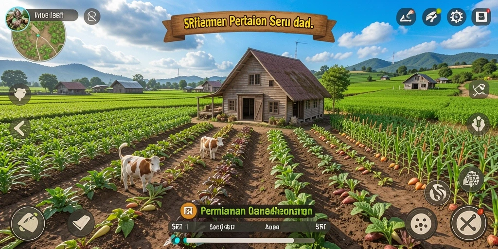 Tampilan gameplay 5RT yang menampilkan ladang dan hewan ternak.
