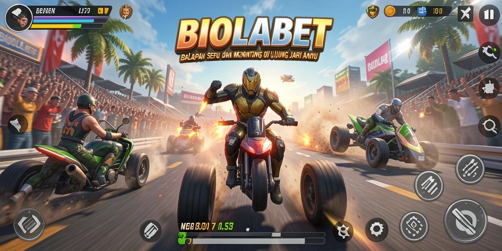 Tangkapan layar gameplay BIOLABET yang menunjukkan aksi balap spektakuler.