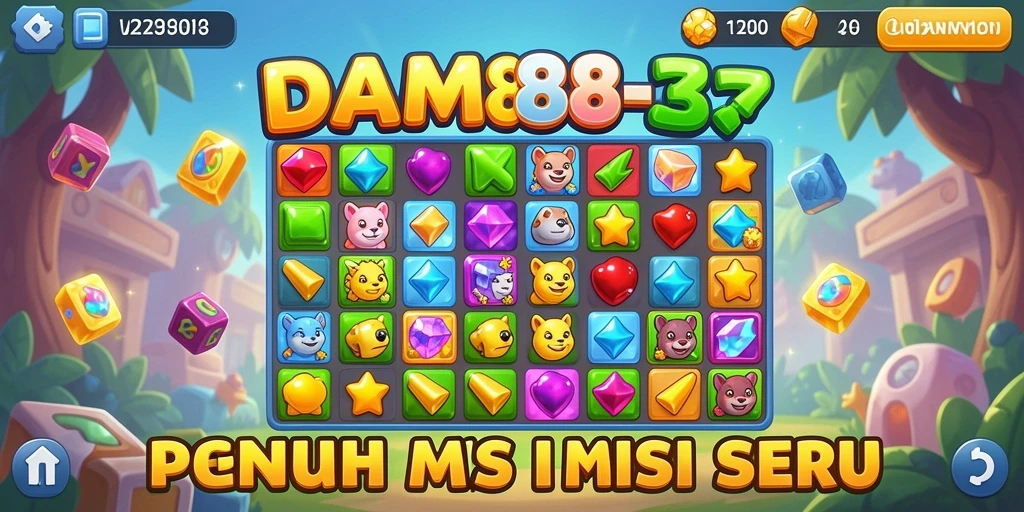 Tangkapan layar utama menunjukkan permainan Match-3 yang penuh warna dan menarik.