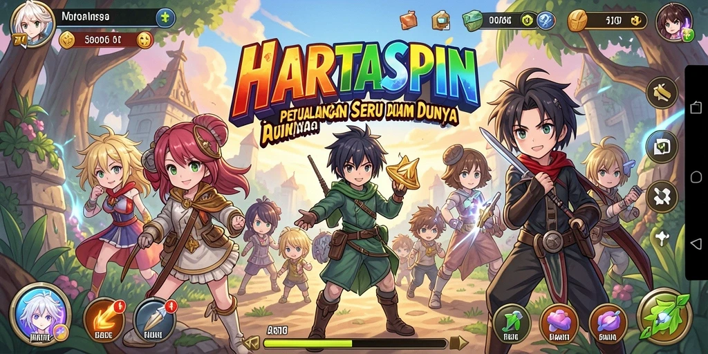 Screenshot HARTASPIN menampilkan aksi seru karakter anime di medan perang.