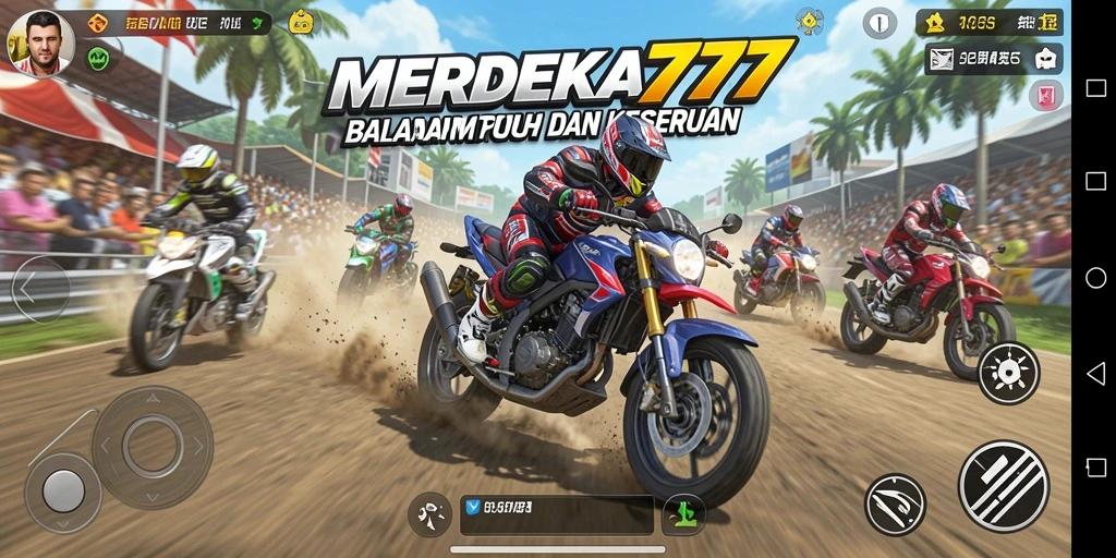 Tampilan gameplay MERDEKA777 dengan motor balap yang memukau.