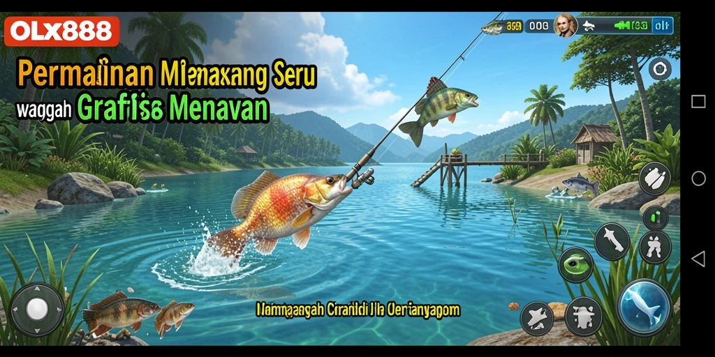 Tampilan gameplay OLX888 yang memikat saat memancing ikan di lautan.