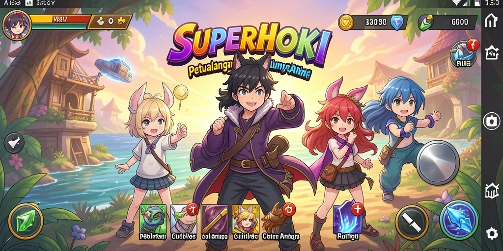 Screenshot utama SUPERHOKI menampilkan karakter anime dalam aksi seru.