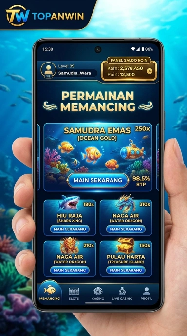 Screenshot tampilan utama aplikasi topanwin yang menampilkan beragam kategori.